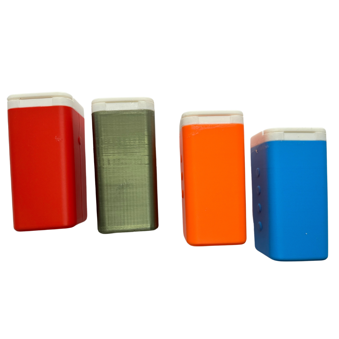 Another view of the different colored square pill bottles in a row