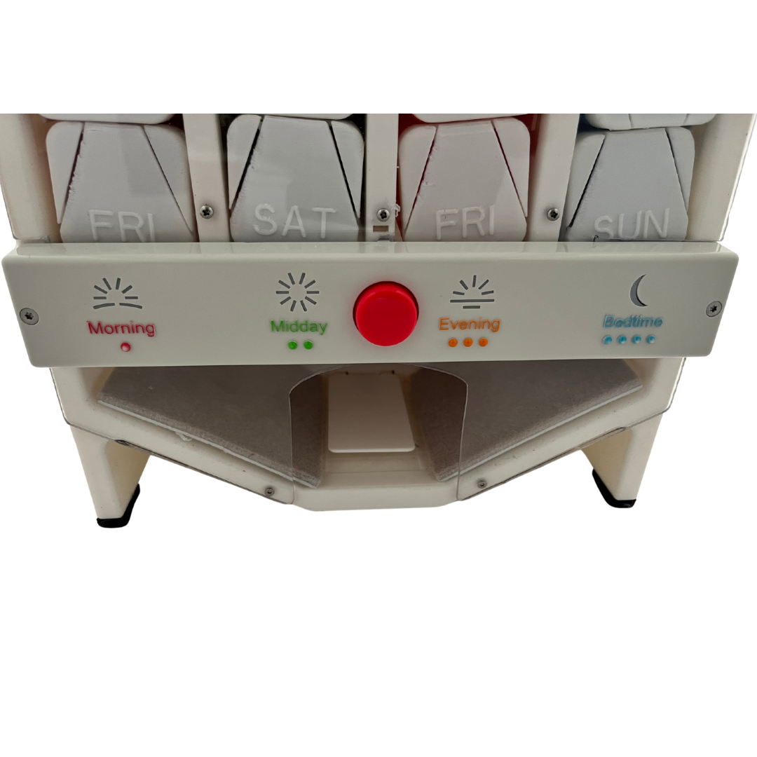 Pill dispenser showing morning, midday, evening, and bedtime indicators with bump dots, color-coded lights, a large button that lights up to dispense when ready, and a tray where the bottles are dispensed.