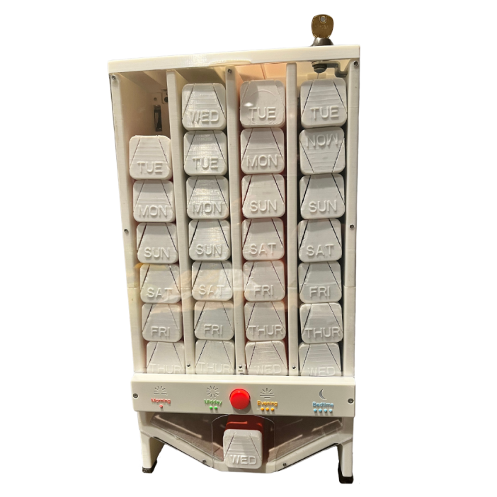 Automatic pill dispenser with labeled compartments for each day of the week, organized for morning, noon, evening, and bedtime doses.