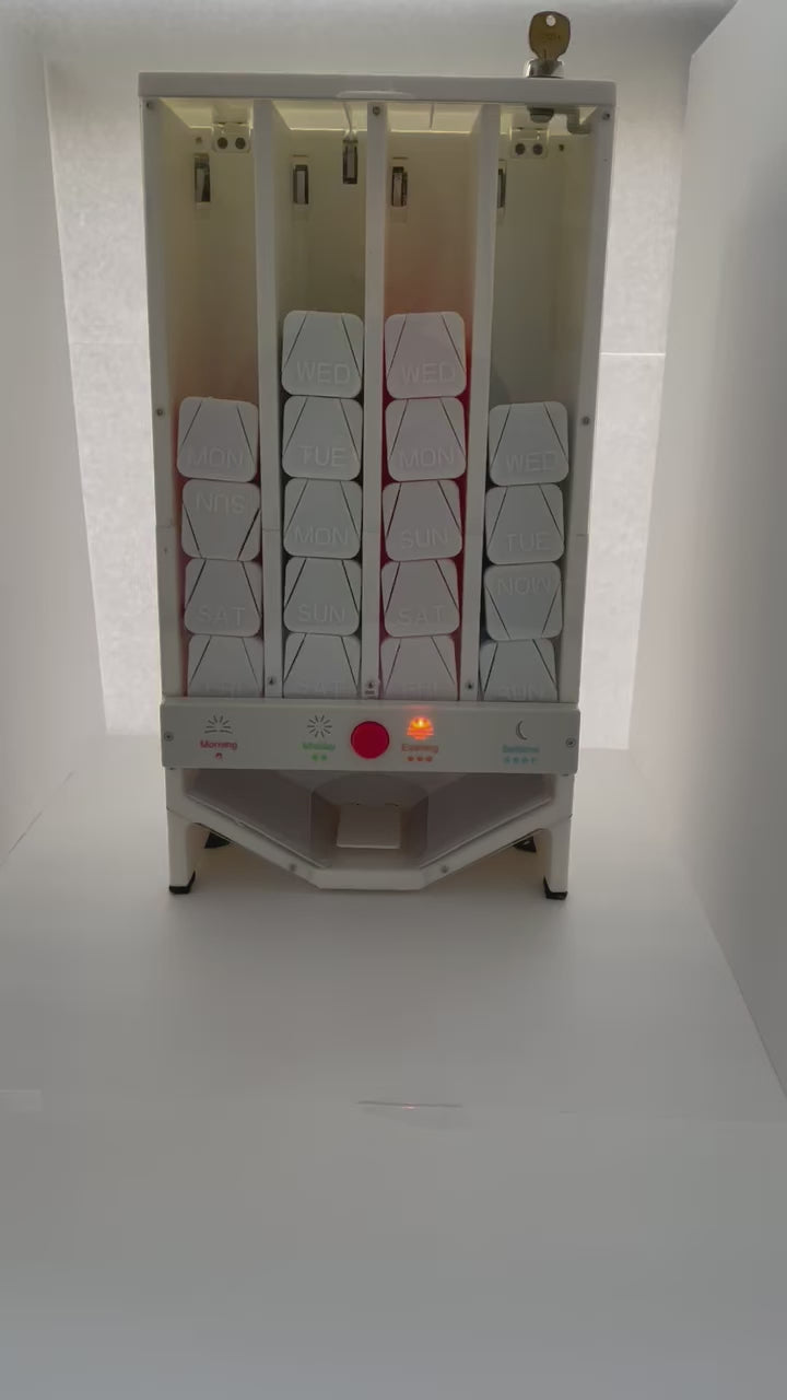 Demo of the multi-sensory alerts of the dispenser, vibration, sound, and light indicators when it is time to dispense the medication. 